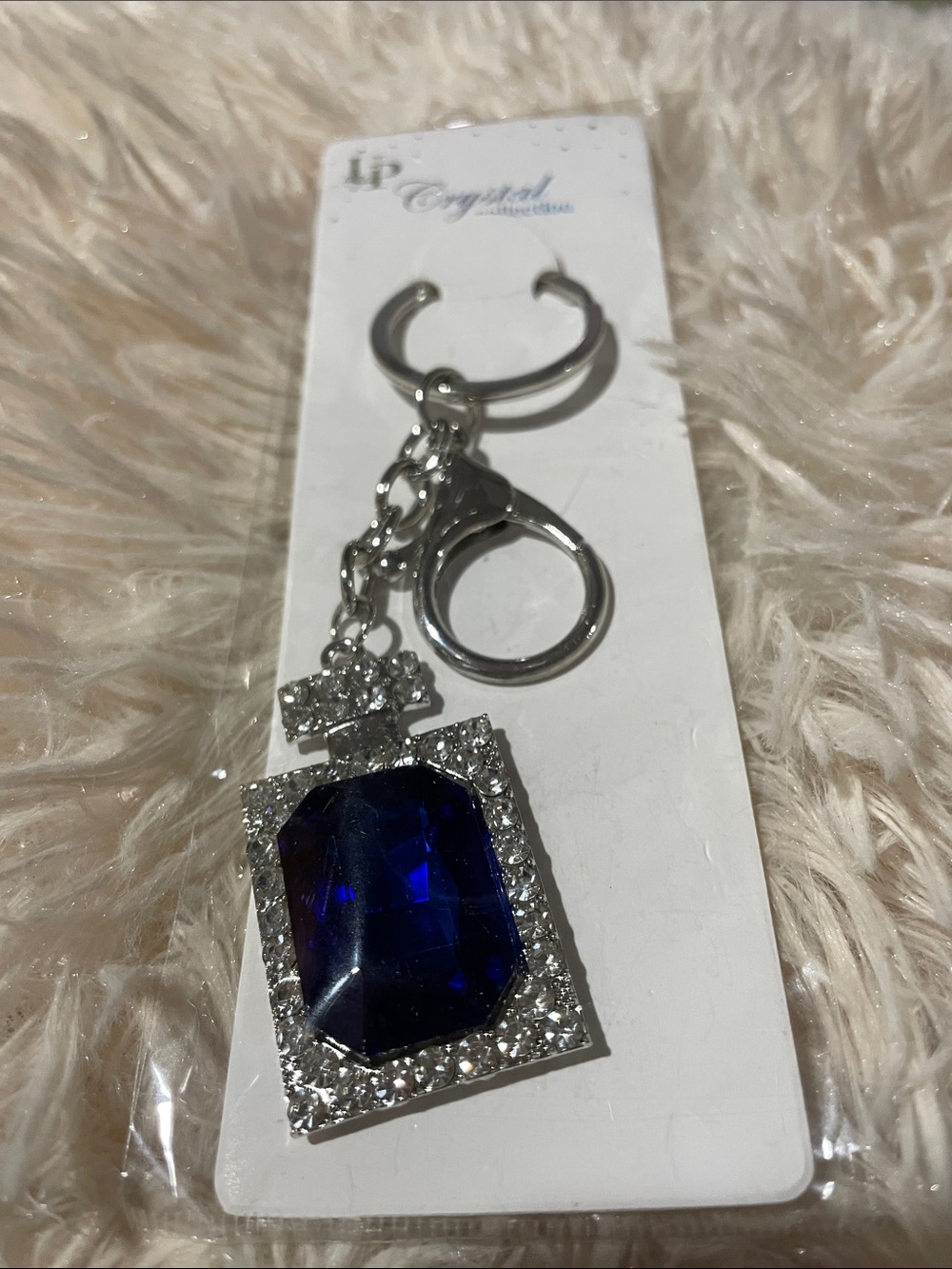 Silver Keychain Bag Charm with Blue Gem Accent